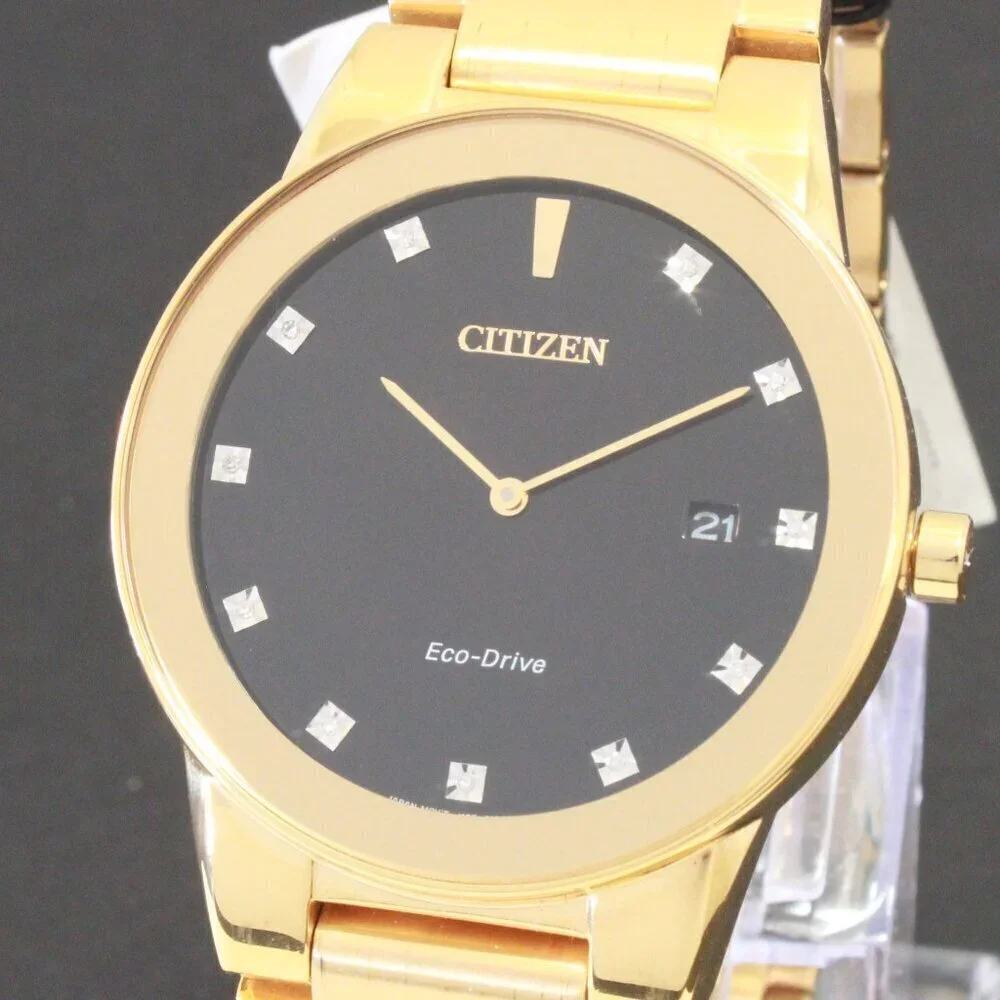Citizen Axiom Eco Drive Men's Watch Diamond Indices Gold Tone Black Dial 40mm